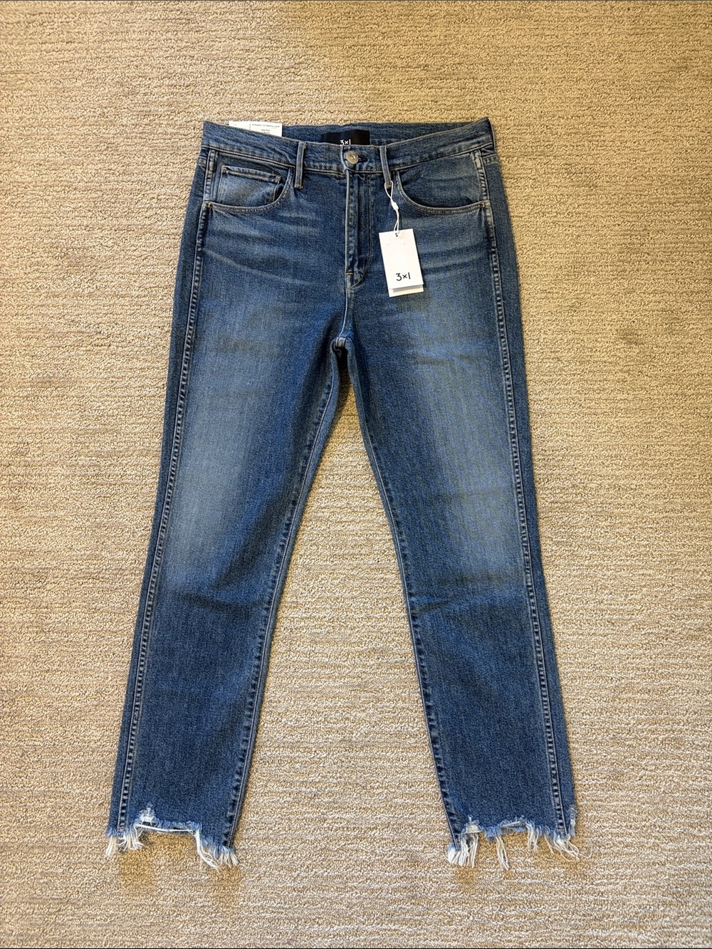 3x1 Medium Blue Cropped Straight Jeans with Frayed Hems